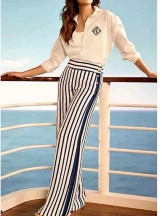 Ralph Lauren Pants - Ralph Lauren Cream and Navy Vertical Stripe Wide-Leg Pants